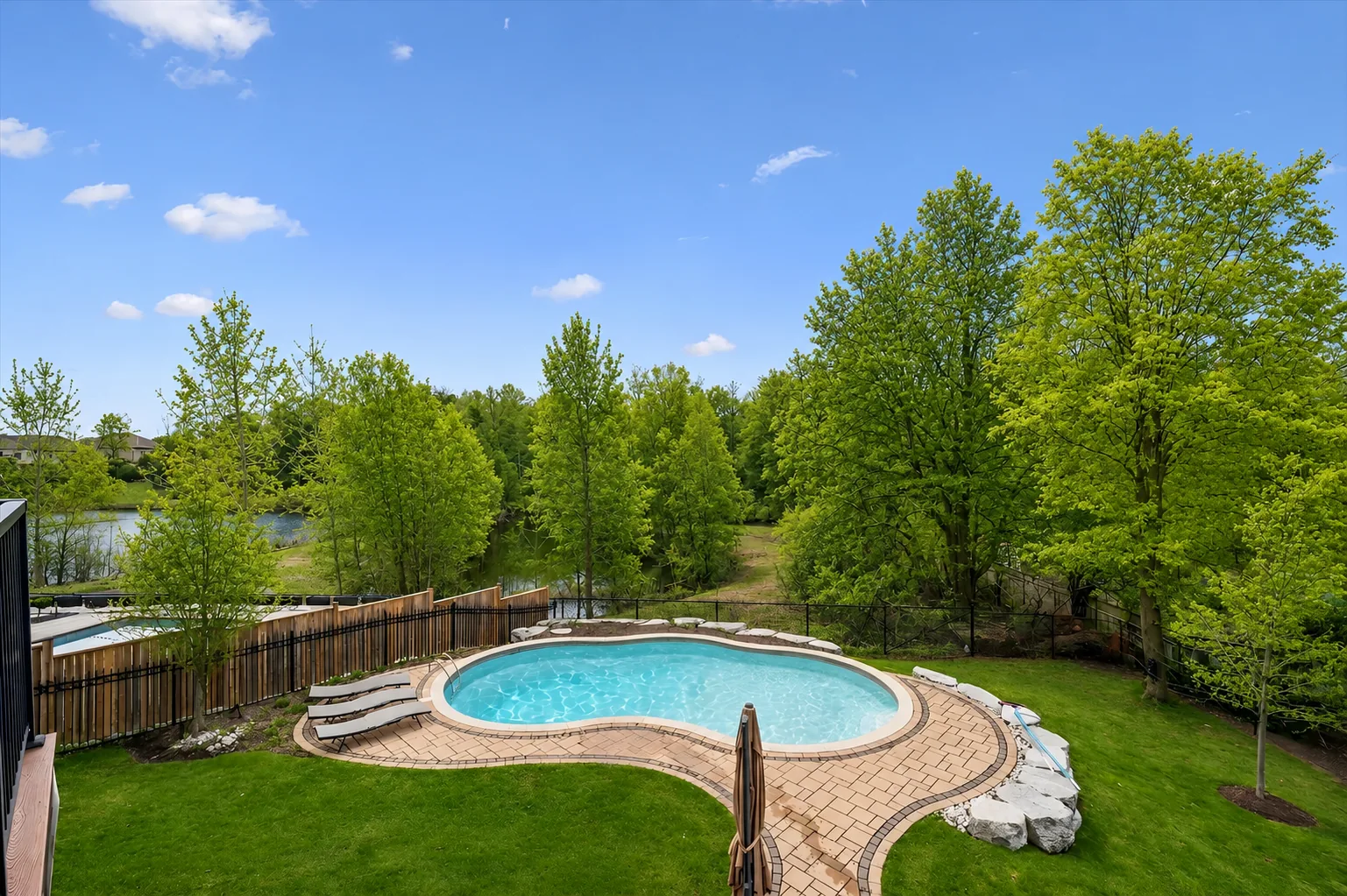 Backyard of 51 Cox Court with heated pool, stone lounging deck and mature trees over the greenspace