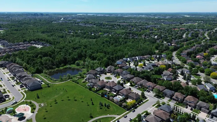 Aerial view of Kortright East neighbourhood with parks, pond, trails and greenspace