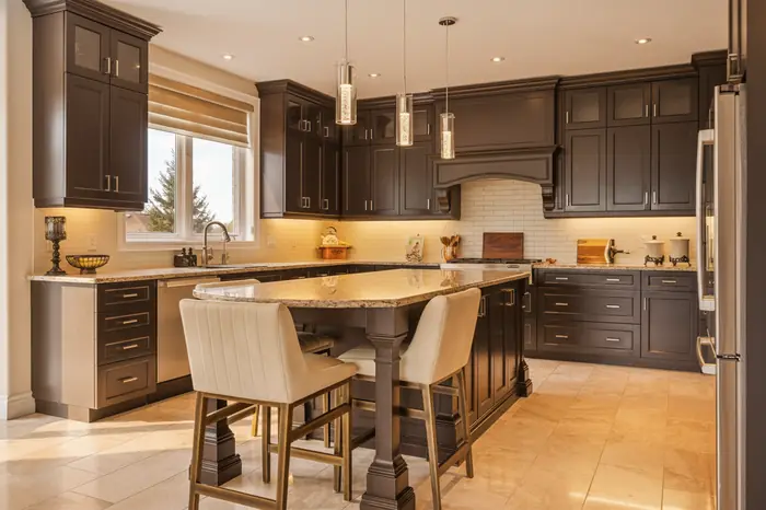 Barzotti kitchen with granite island glowing in golden hour light, AI-enhanced image