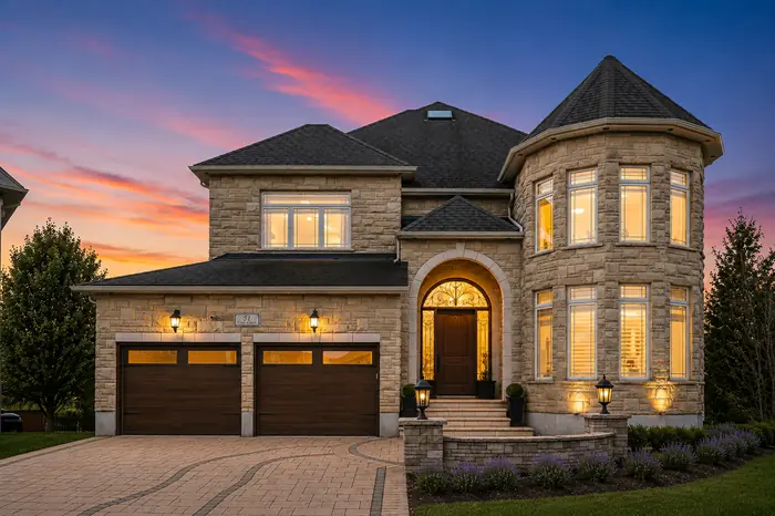 Stone front elevation of 51 Cox Court glowing at twilight with turret and arched entry, digitally enhanced image