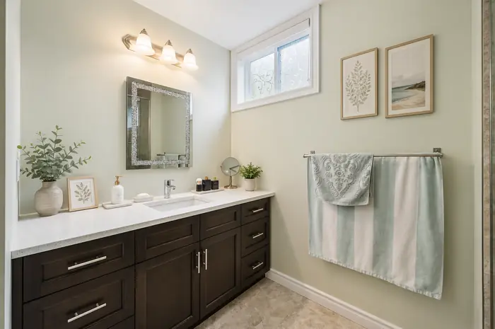 Walkout-level bathroom vanity with quartz counter, virtually staged